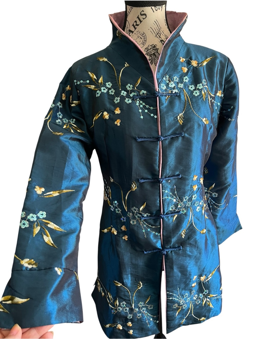 Vintage Chinese Silk Embroidered Mandarin Jacket Blue Floral Chinoiserie Qipao - Picture 2 of 7